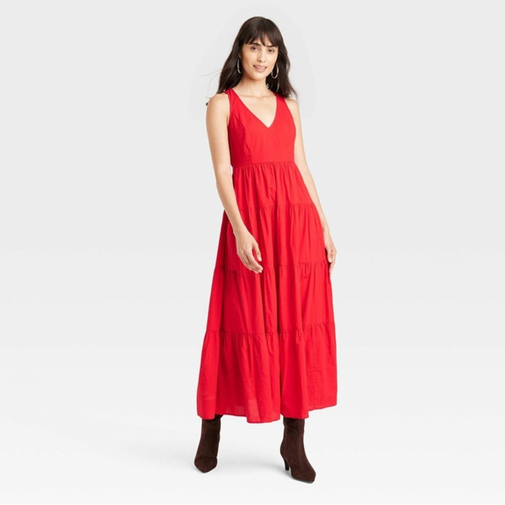 Universal Thread Cherry Red Tiered Sleeveless Maxi Dress Bold Romantic Boho XS